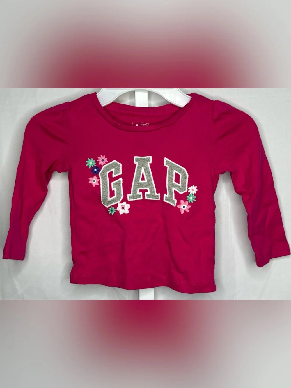 GAP Girls Bright Pink Logo Tee with Floral Embroidery